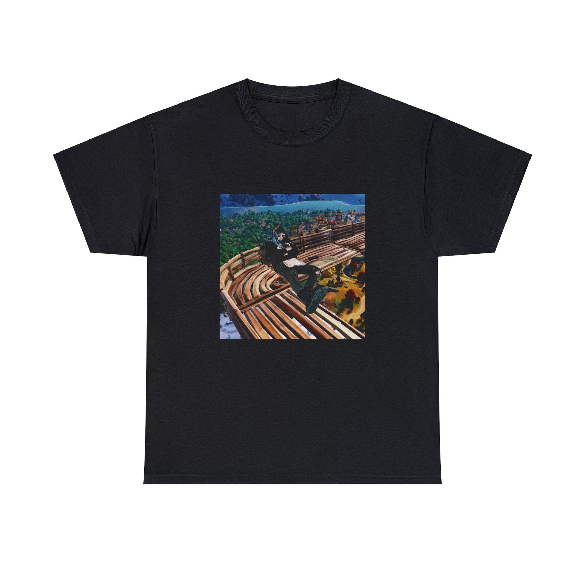 Black T-shirt with Yeat making a skybase in Fortnite.