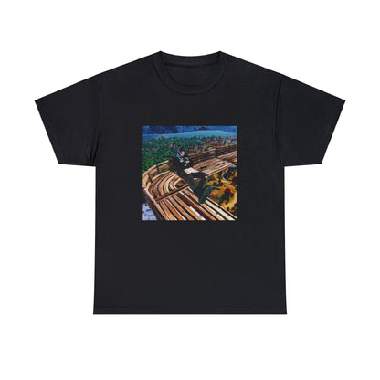 Black T-shirt with Yeat making a skybase in Fortnite.