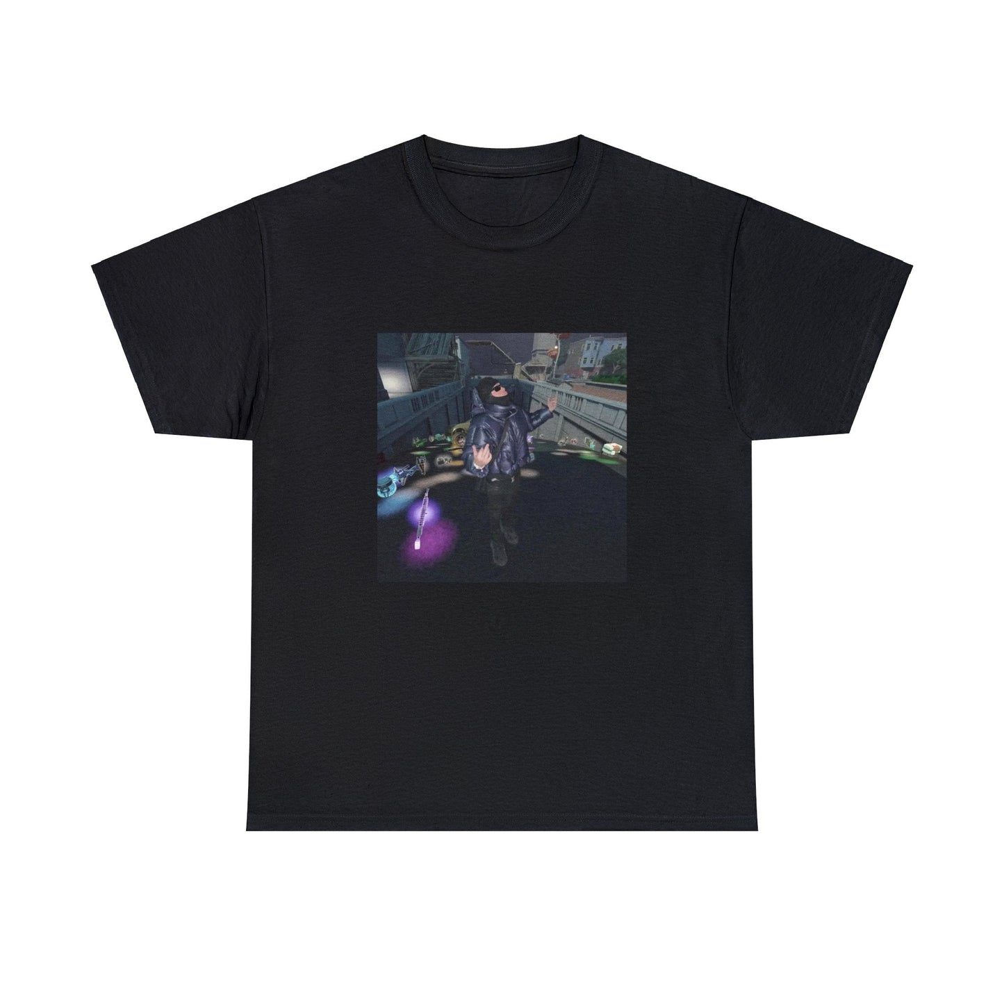 Black T-shirt with Yeat in Tilted Towers with loot on the ground and his yellow Lambo truck behind him