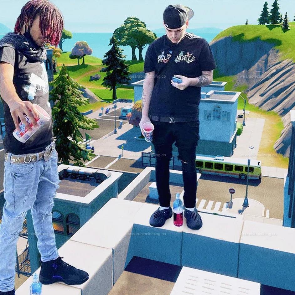 Black T-shirt with Yeat and rapper SEPTEMBERSRICH on top of a Tilted Towers building