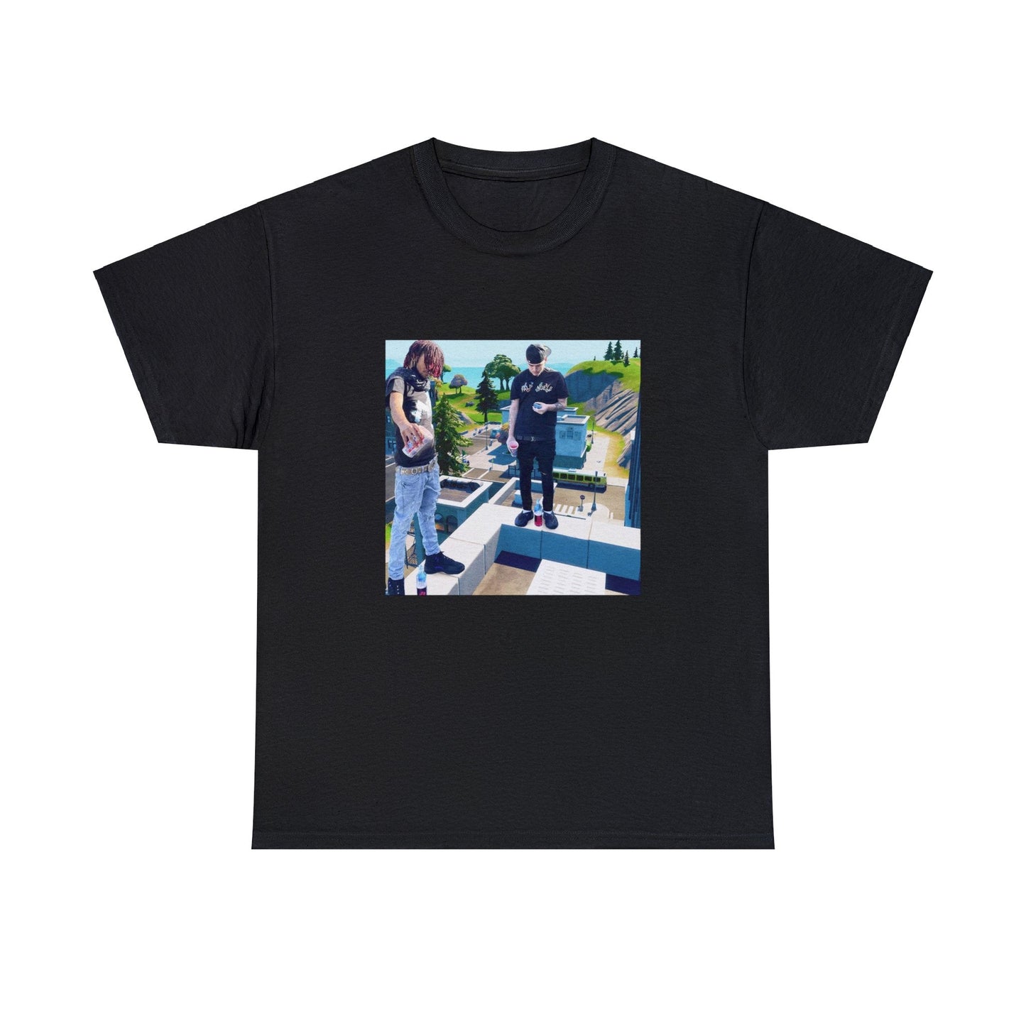 Black T-shirt with Yeat and rapper SEPTEMBERSRICH on top of a Tilted Towers building