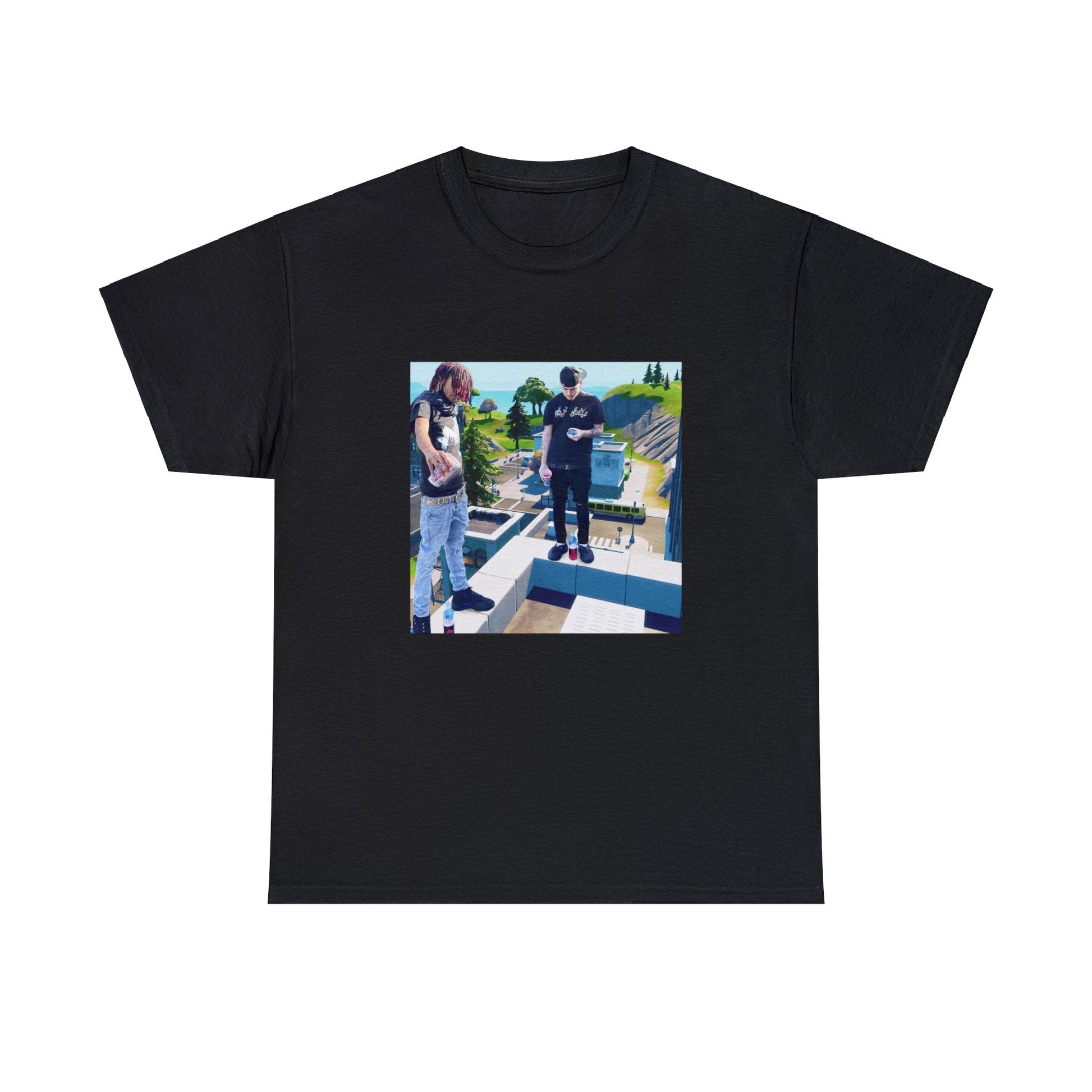 Black T-shirt with Yeat and rapper SEPTEMBERSRICH on top of a Tilted Towers building