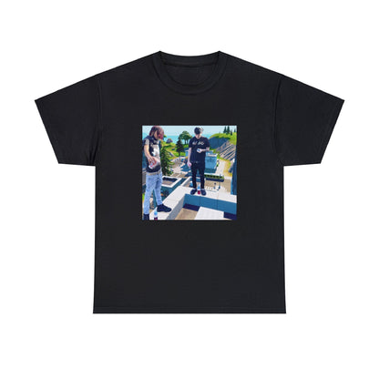 Black T-shirt with Yeat and rapper SEPTEMBERSRICH on top of a Tilted Towers building