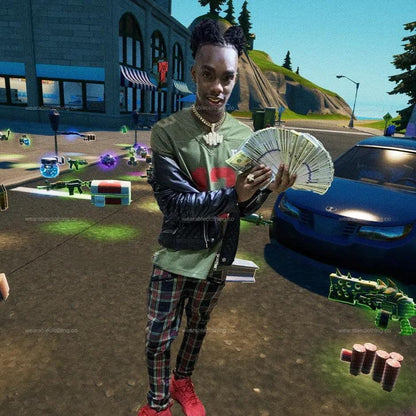 Black T-shirt with rapper YNW Melly in Tilted Towers with loot on the ground after getting 2 kills