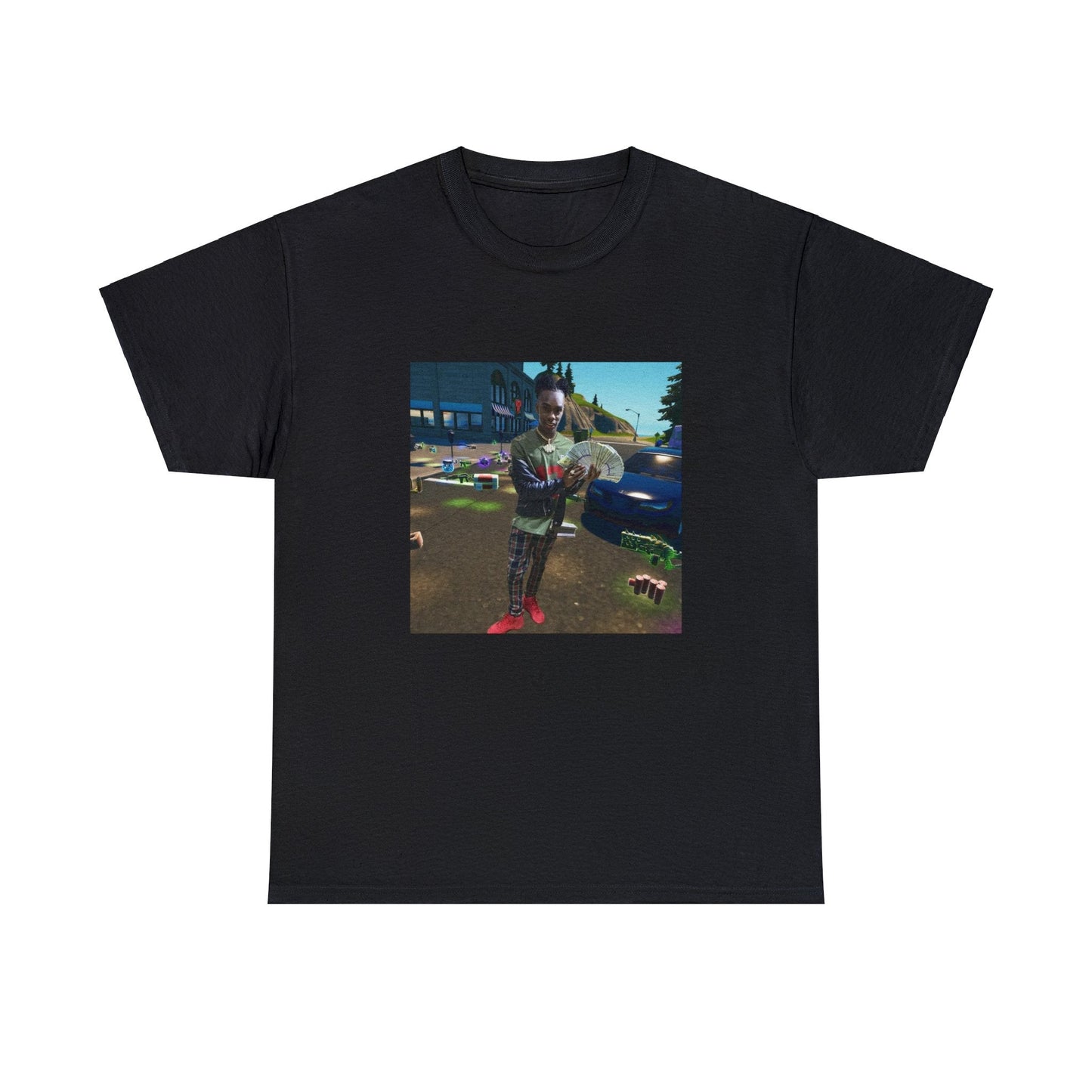 Black T-shirt with rapper YNW Melly in Tilted Towers with loot on the ground after getting 2 kills